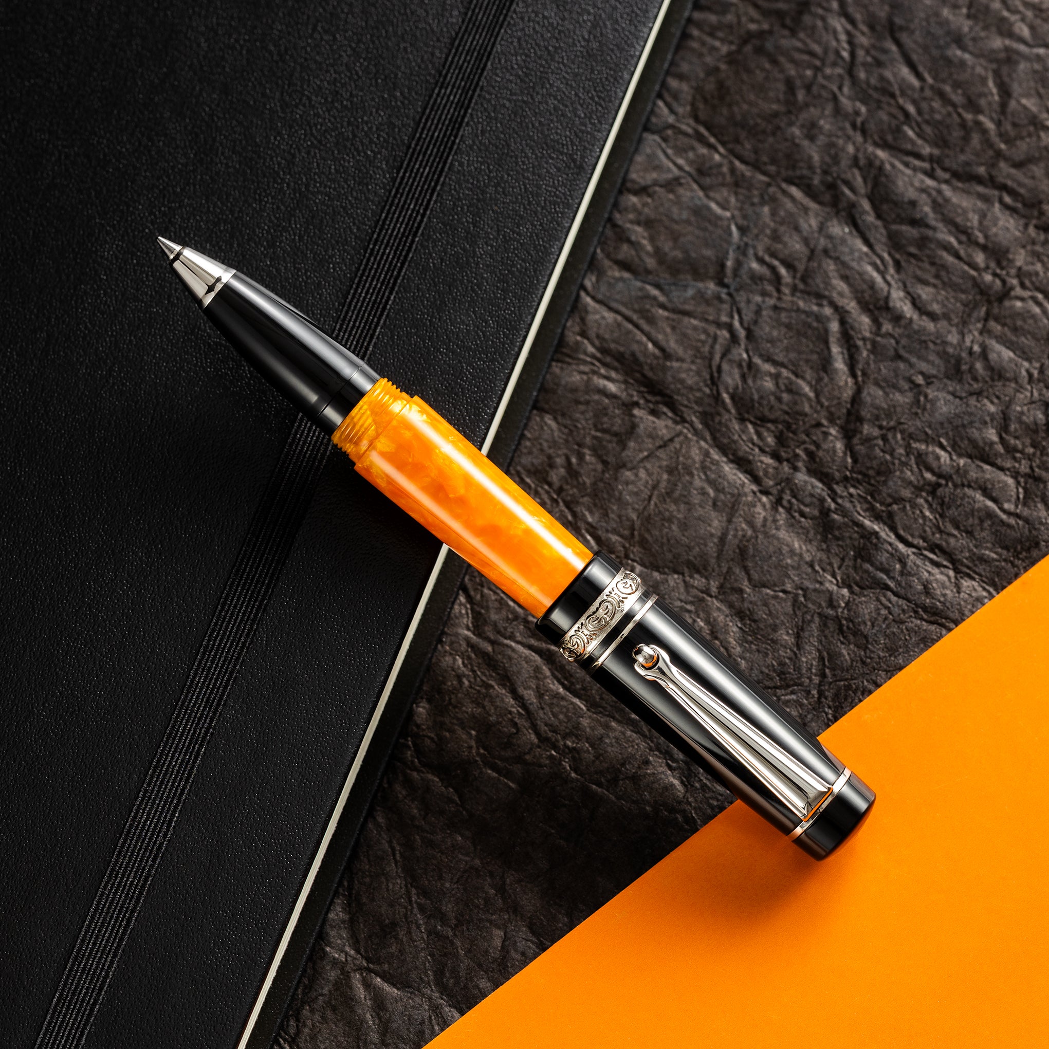 Delta DV Original Mini Rollerball Pen – Black & Orange with Palladium Trim - Pen Boutique Ltd
