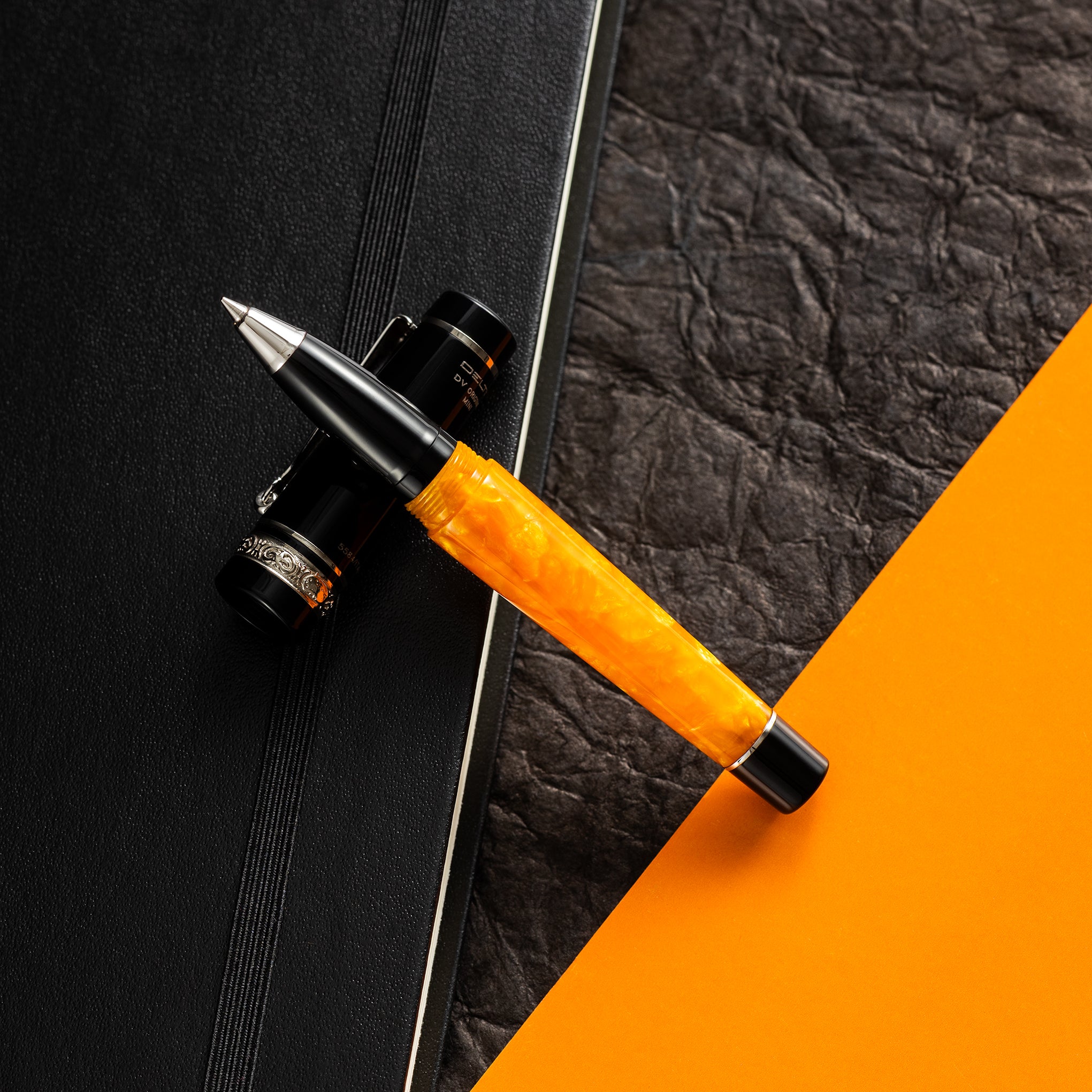 Delta DV Original Mini Rollerball Pen – Black & Orange with Palladium Trim - Pen Boutique Ltd