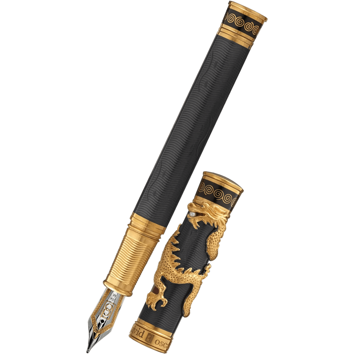 David Oscarson Black Water Dragon Fountain Pen - Opaque Onyx Black Hard Enamel with Gold Vermeil - Pen Boutique Ltd