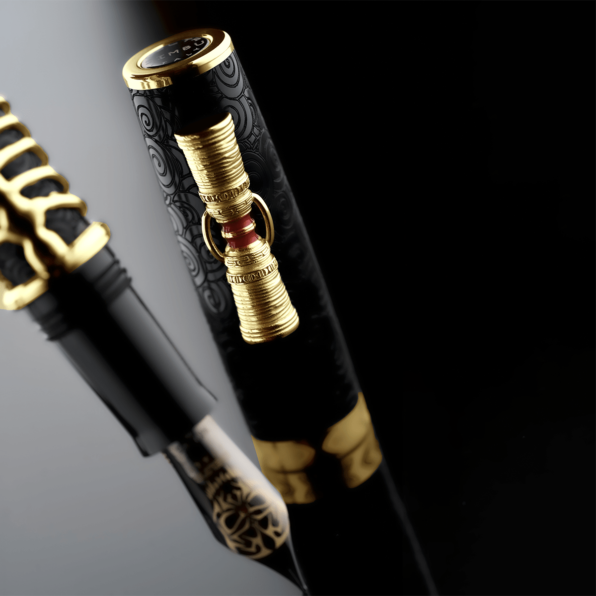 Delta Indigenous People Fountain Pen - Simbu Dancing Skeletons - Black Resin - Gold - Plated Sterling Silver Cage (Limited Edition) - Pen Boutique Ltd