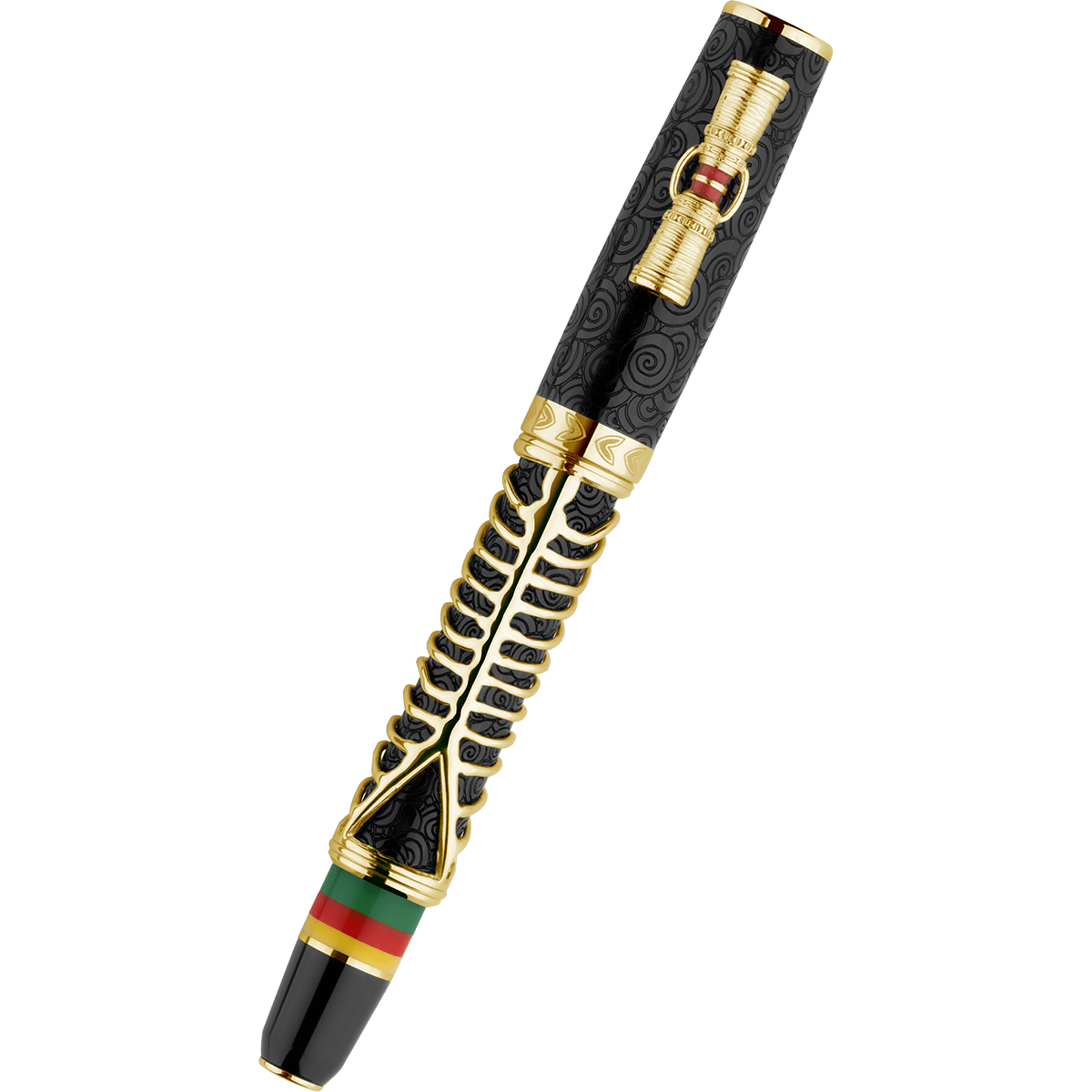 Delta Indigenous People Fountain Pen - Simbu Dancing Skeletons - Black Resin - Gold - Plated Sterling Silver Cage (Limited Edition) - Pen Boutique Ltd