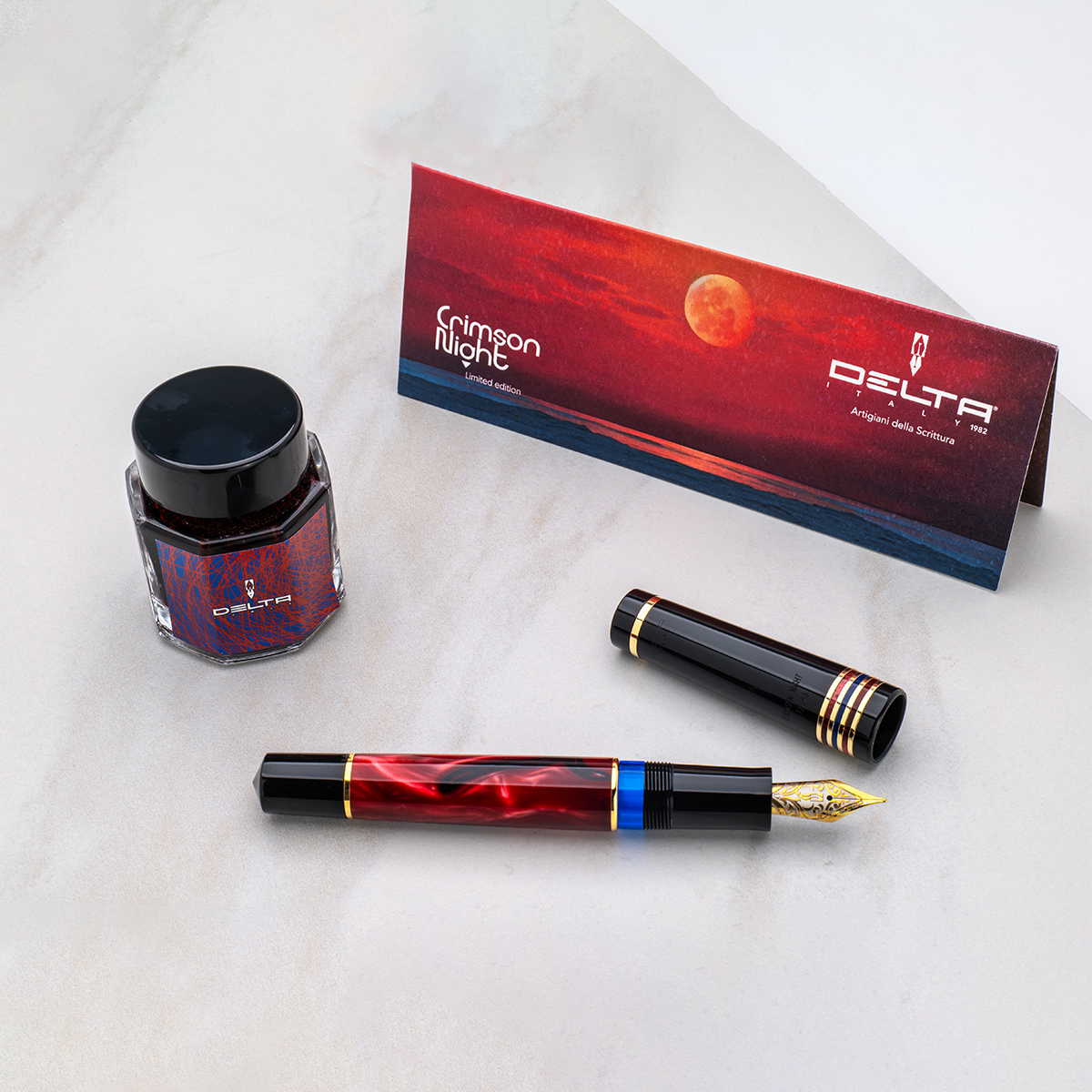 Delta Limited Edition Fountain Pen - Four Rings Crimson Night - Yellow Gold Trim - Steel Nib