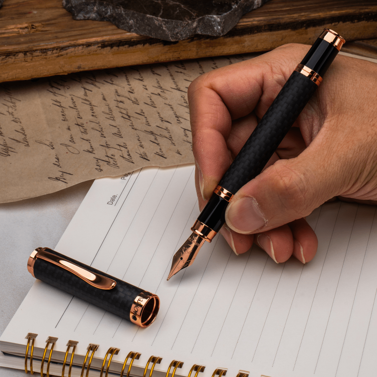 Monteverde Innova Fountain Pen Notebook Set - Carbon Fiber - Rosegold - Pen Boutique Ltd