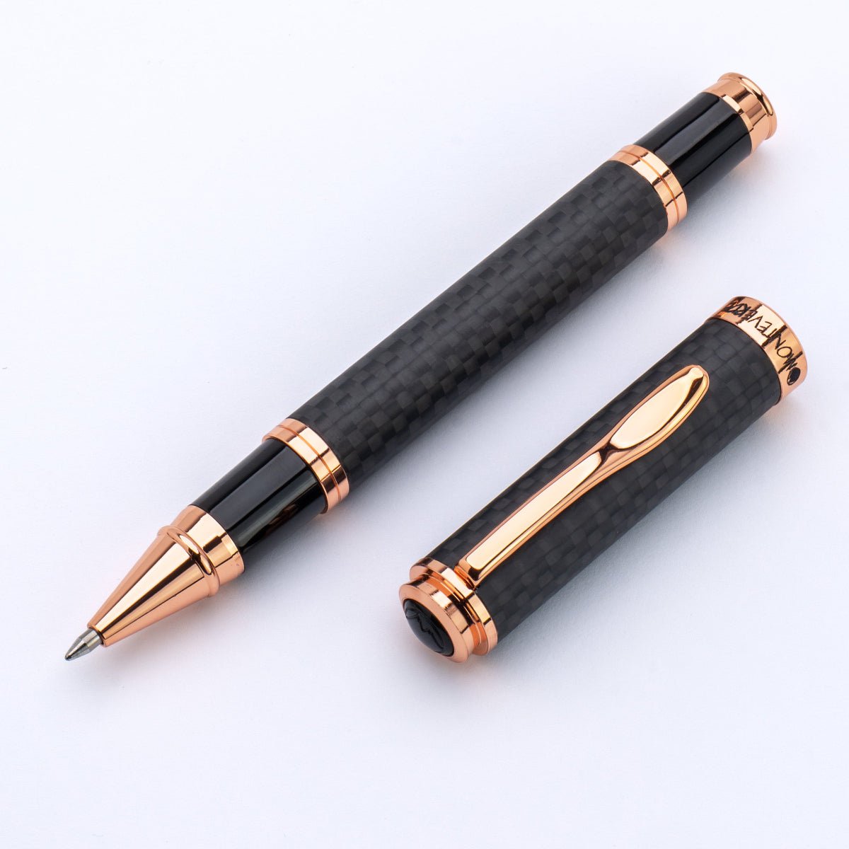 Monteverde Innova Rollerball Pen - Matte Carbon Fiber - Rose Gold Trim - Pen Boutique Ltd