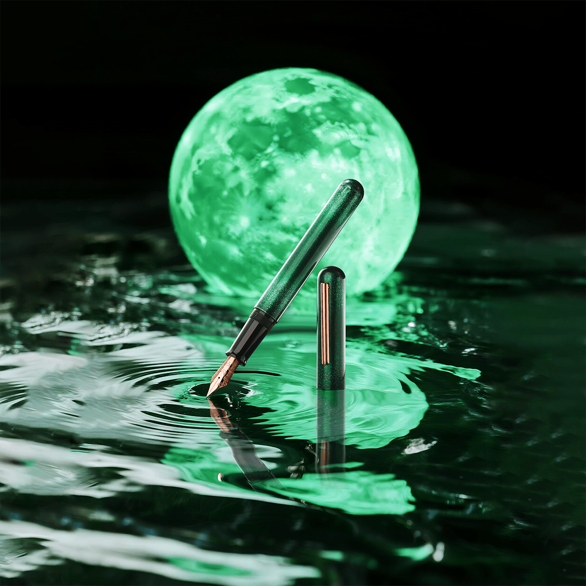 Nahvalur Ikkaku Fountain Pen - Green Moon – 14K Gold Nib - Pen Boutique Ltd