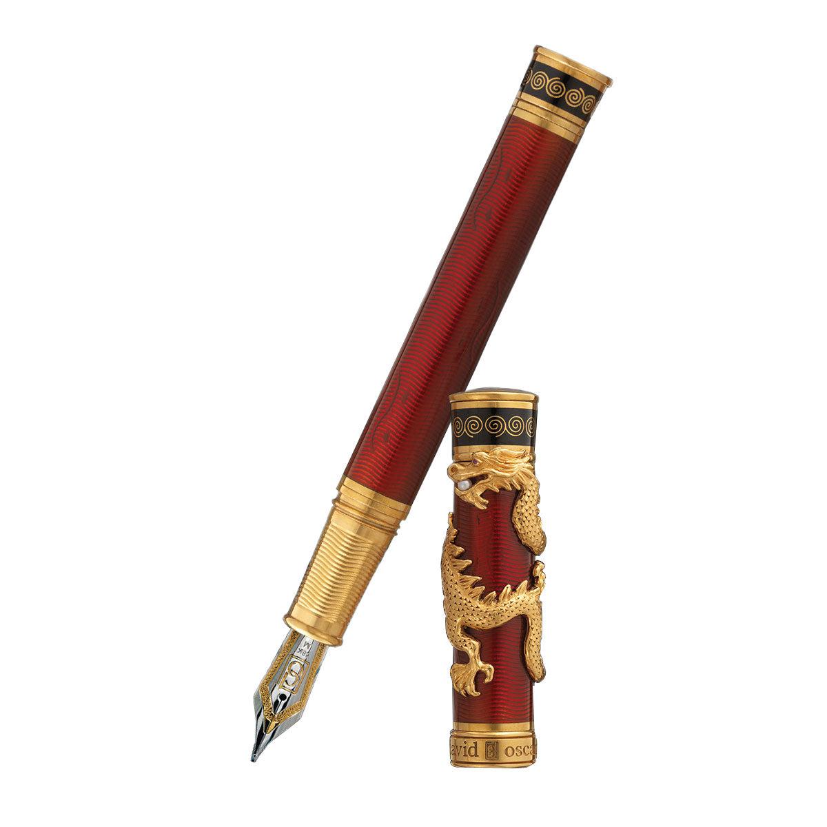 David Oscarson Black Water Dragon Fountain Pen - Translucent Ruby Red and Opaque Onyx Black Hard Enamel with Gold Vermeil - Pen Boutique Ltd
