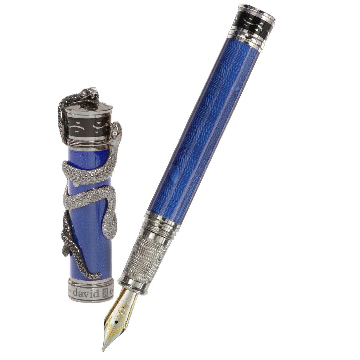 David Oscarson Black Water Snake Fountain Pen - Translucent Royal Blue and Opaque Black Hard Enamel - Pen Boutique Ltd