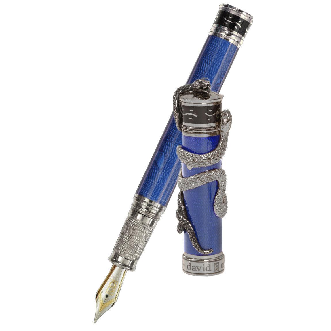 David Oscarson Black Water Snake Fountain Pen - Translucent Royal Blue and Opaque Black Hard Enamel - Pen Boutique Ltd