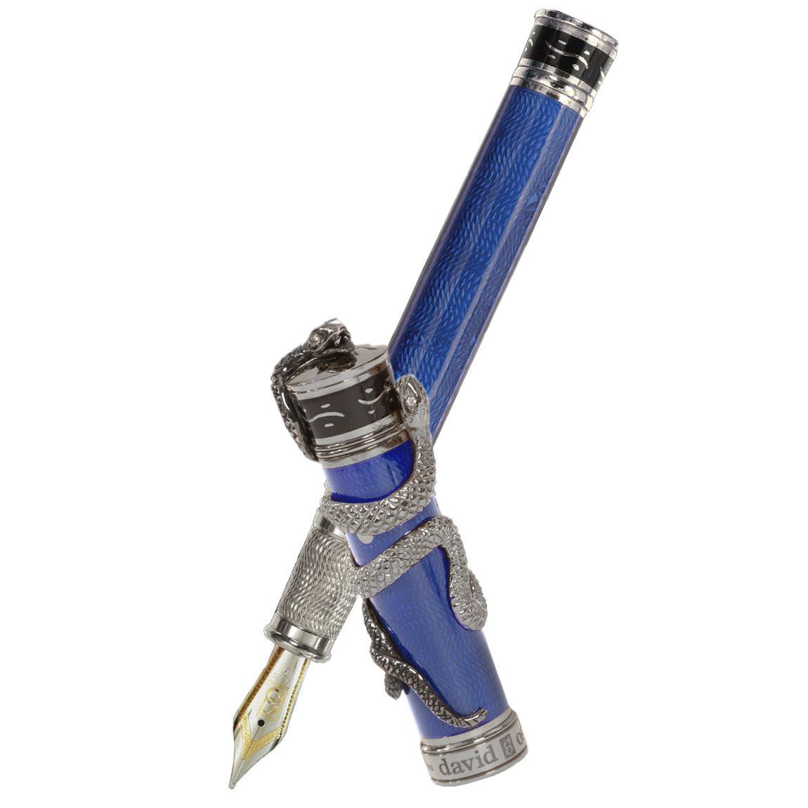 David Oscarson Black Water Snake Fountain Pen - Translucent Royal Blue and Opaque Black Hard Enamel - Pen Boutique Ltd