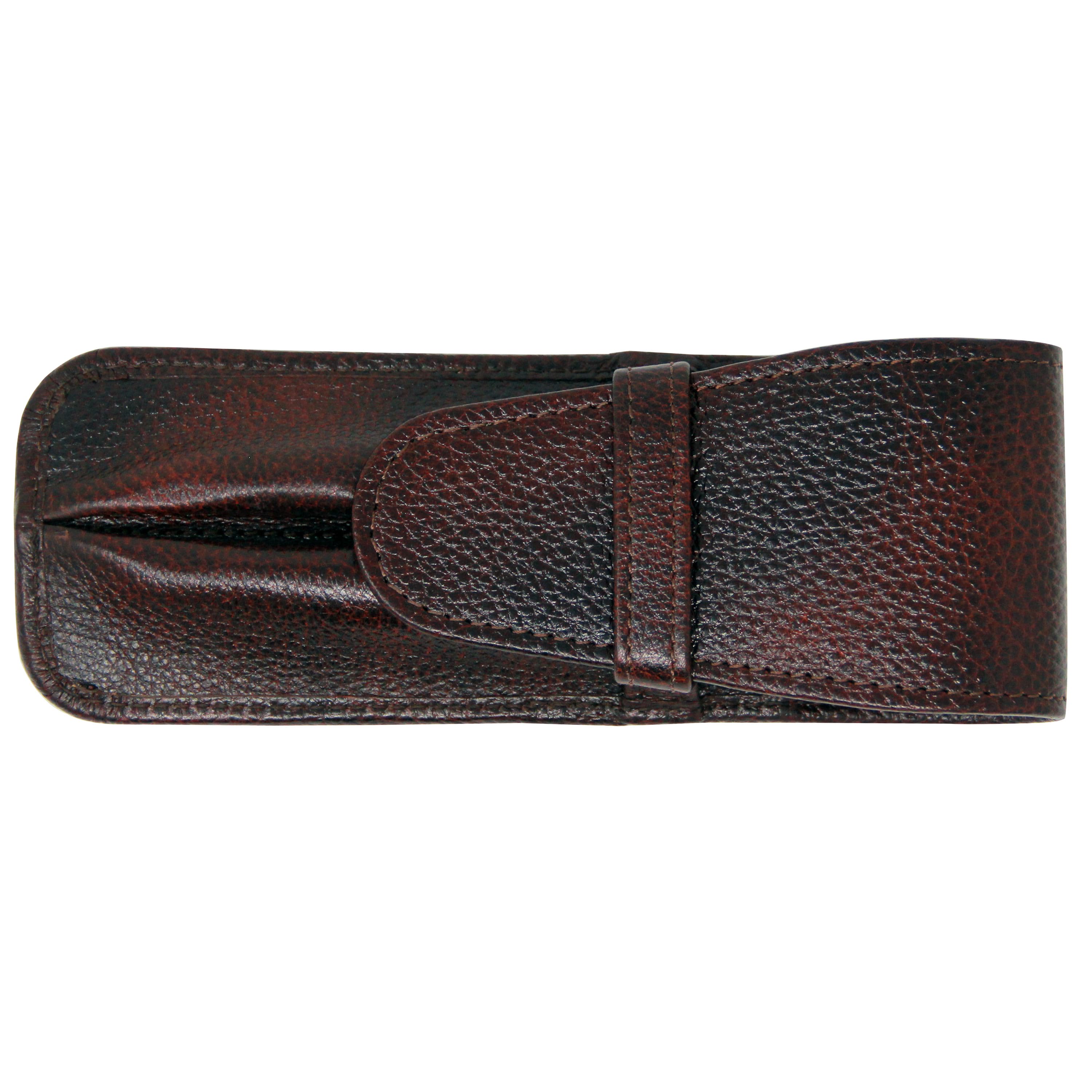 Yak Leather Premium Leather Two Pen Pouch with Flap Brown-Pen Boutique Ltd