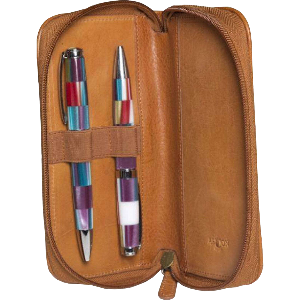 Aston Leather Tan Zipper 2-Pen Case-Pen Boutique Ltd