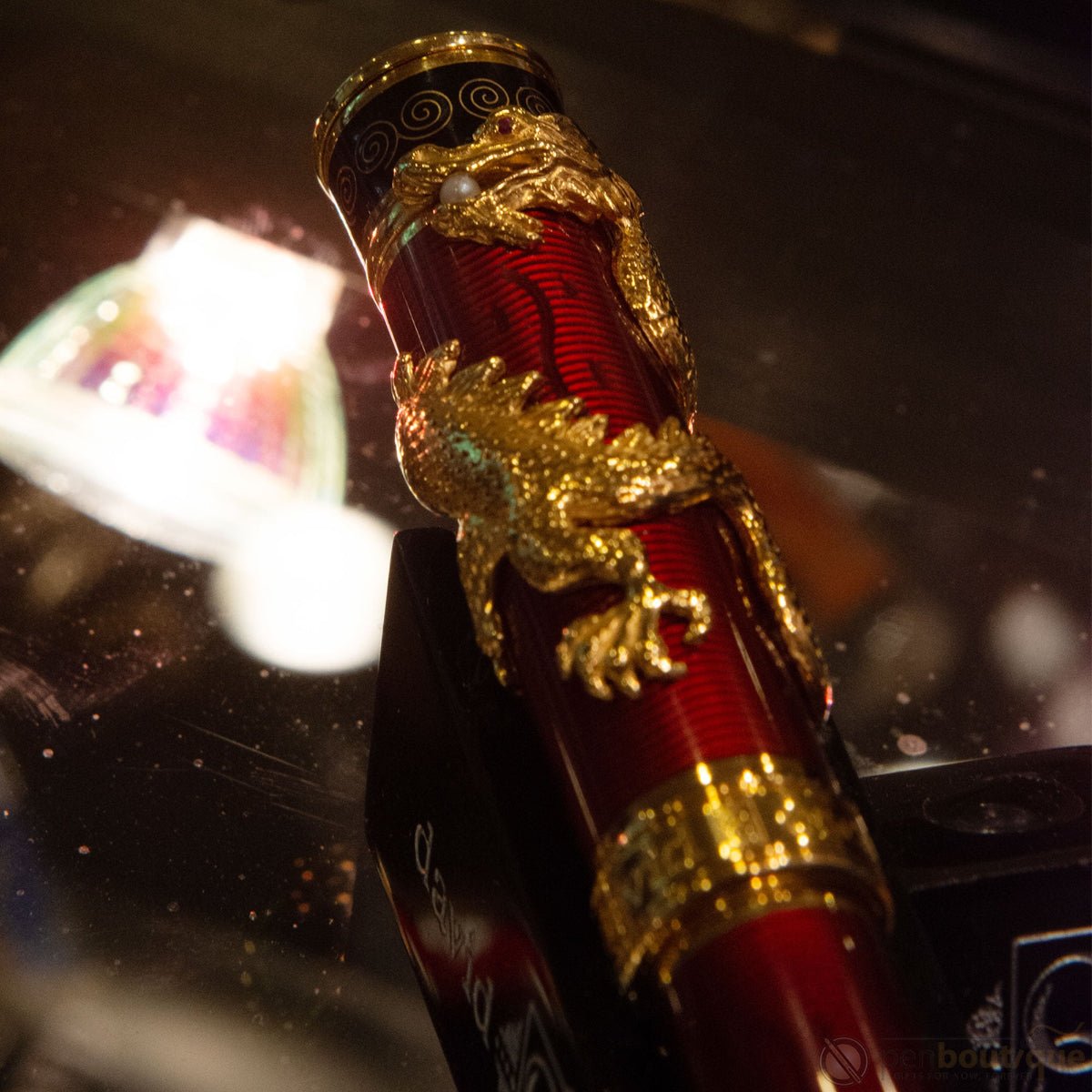 David Oscarson Black Water Dragon Rollerball Pen - Opaque Onyx Black and Translucent Ruby Red Hard Enamel with Gold Vermeil - Pen Boutique Ltd