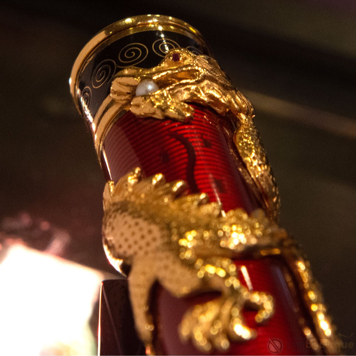 David Oscarson Black Water Dragon Rollerball Pen - Opaque Onyx Black and Translucent Ruby Red Hard Enamel with Gold Vermeil - Pen Boutique Ltd