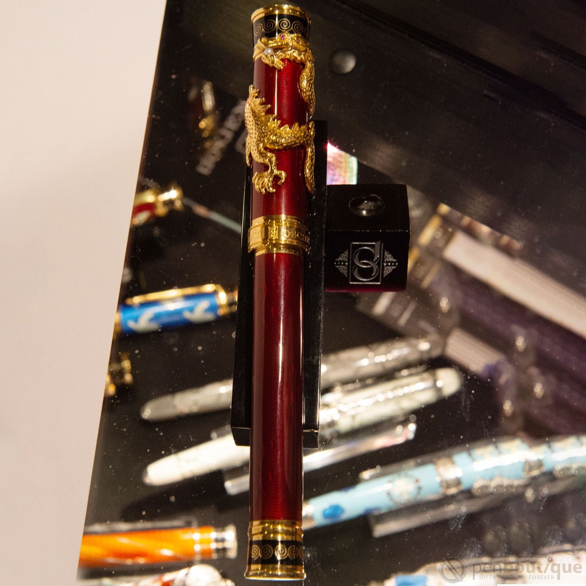 David Oscarson Black Water Dragon Rollerball Pen - Opaque Onyx Black and Translucent Ruby Red Hard Enamel with Gold Vermeil - Pen Boutique Ltd