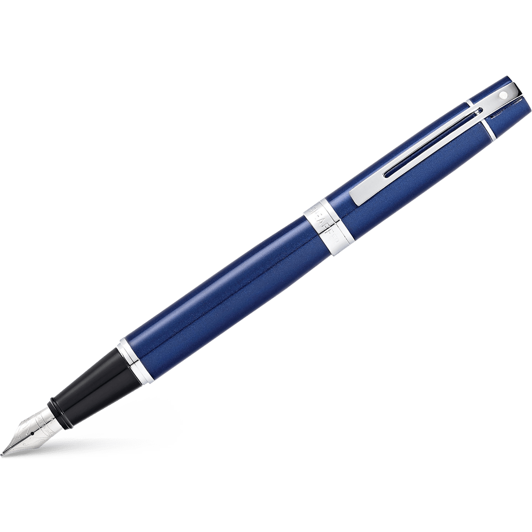 Sheaffer 300 Fountain Pen - Chrome Trim - Glossy Blue Lacquer - Stainless Steel - Pen Boutique Ltd