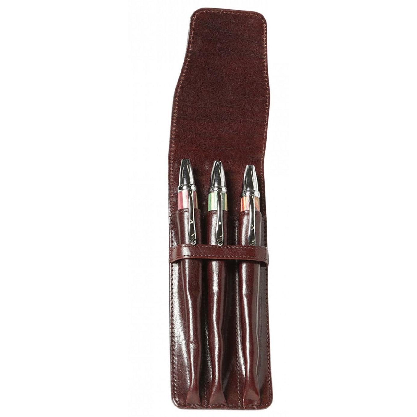 Aston Leather Brown Finger Style Triple Pen Case - Pen Boutique Ltd
