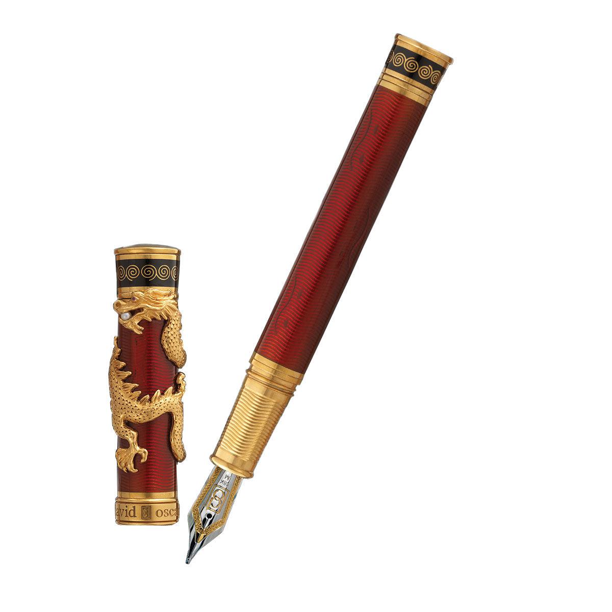 David Oscarson Black Water Dragon Fountain Pen - Translucent Ruby Red and Opaque Onyx Black Hard Enamel with Gold Vermeil - Pen Boutique Ltd
