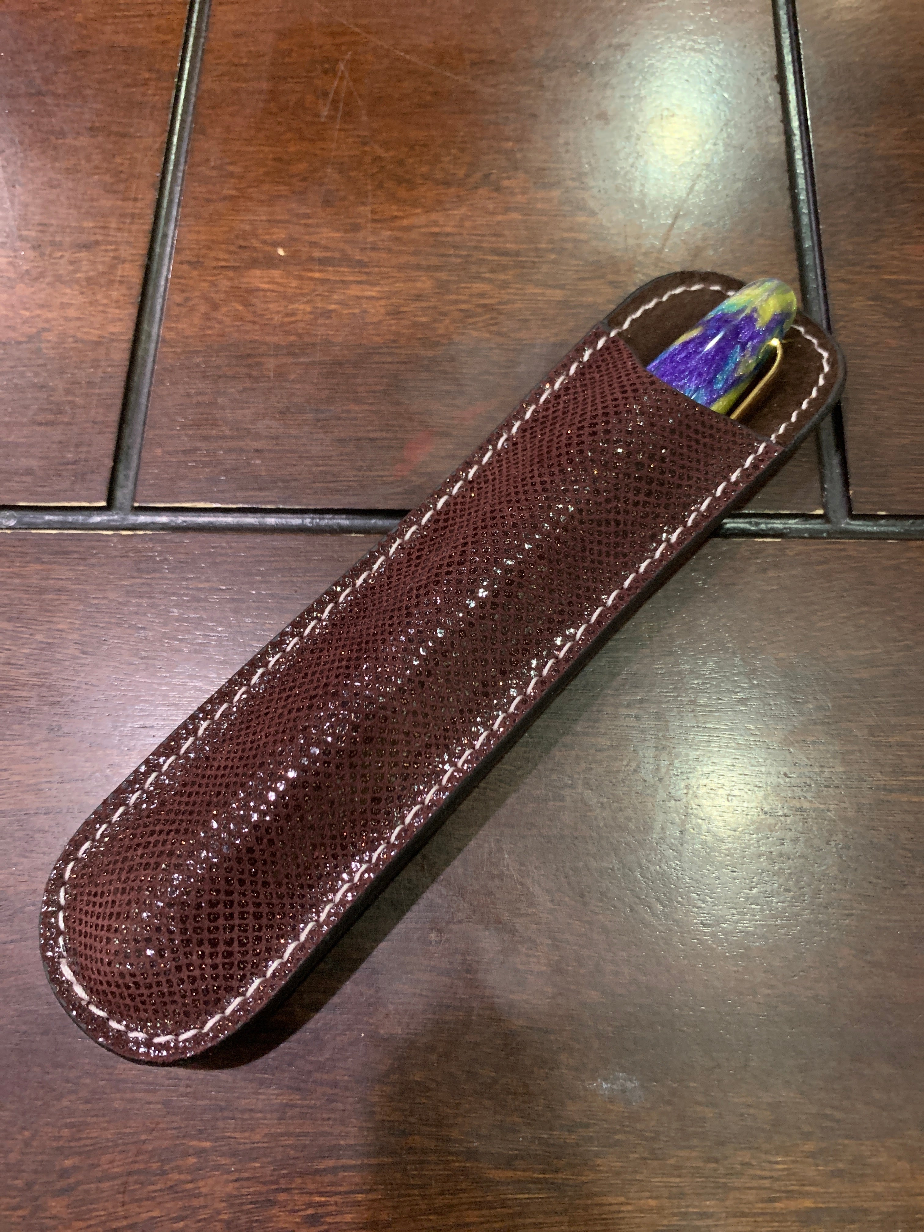 Pen Boutique Yak Leather Single Pen Sleeve - Brown Glitter - Pen Boutique Ltd