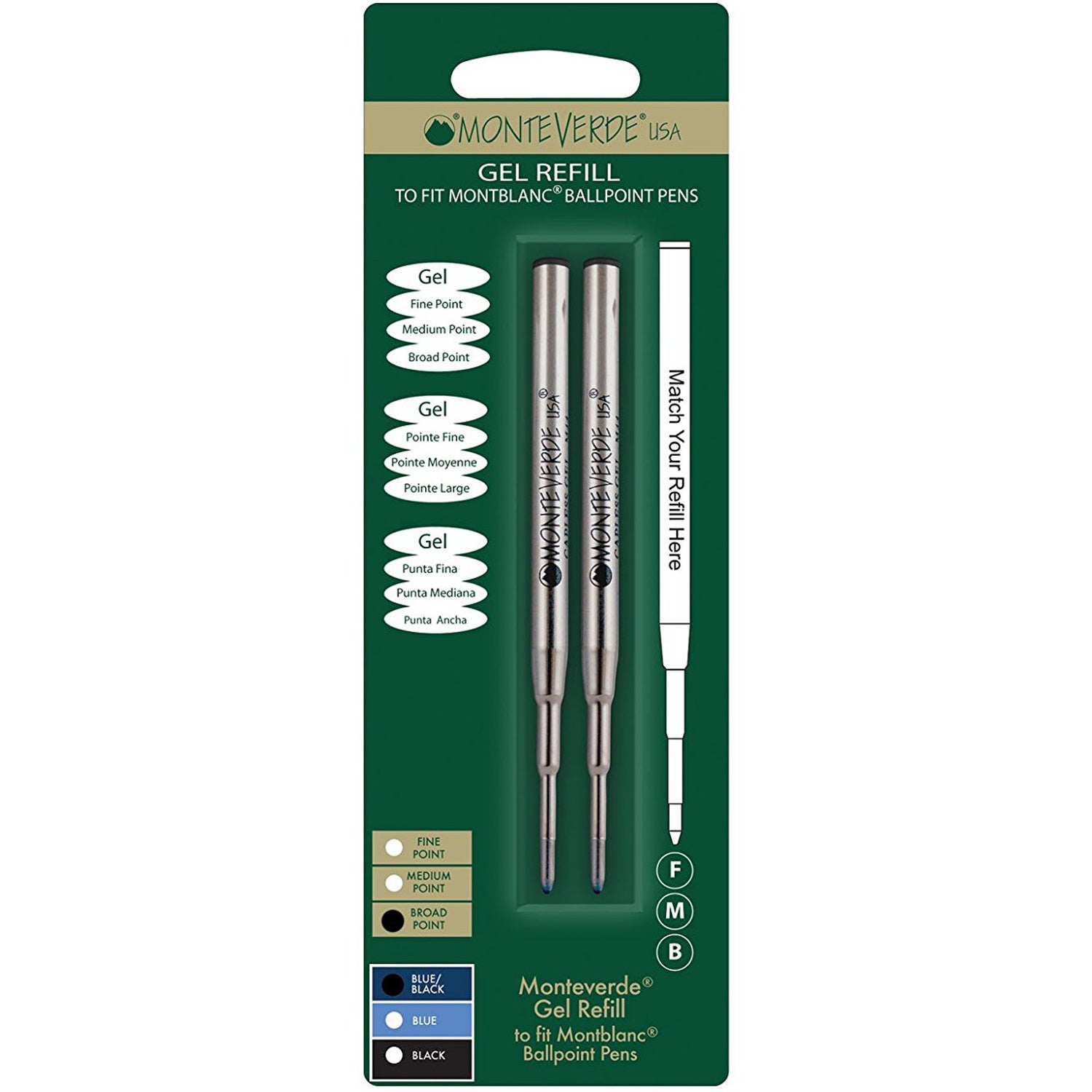 Monteverde Capless Gel Refill to fit Montblanc Ballpoint-Blue/Black Broad 2/pack - Pen Boutique Ltd