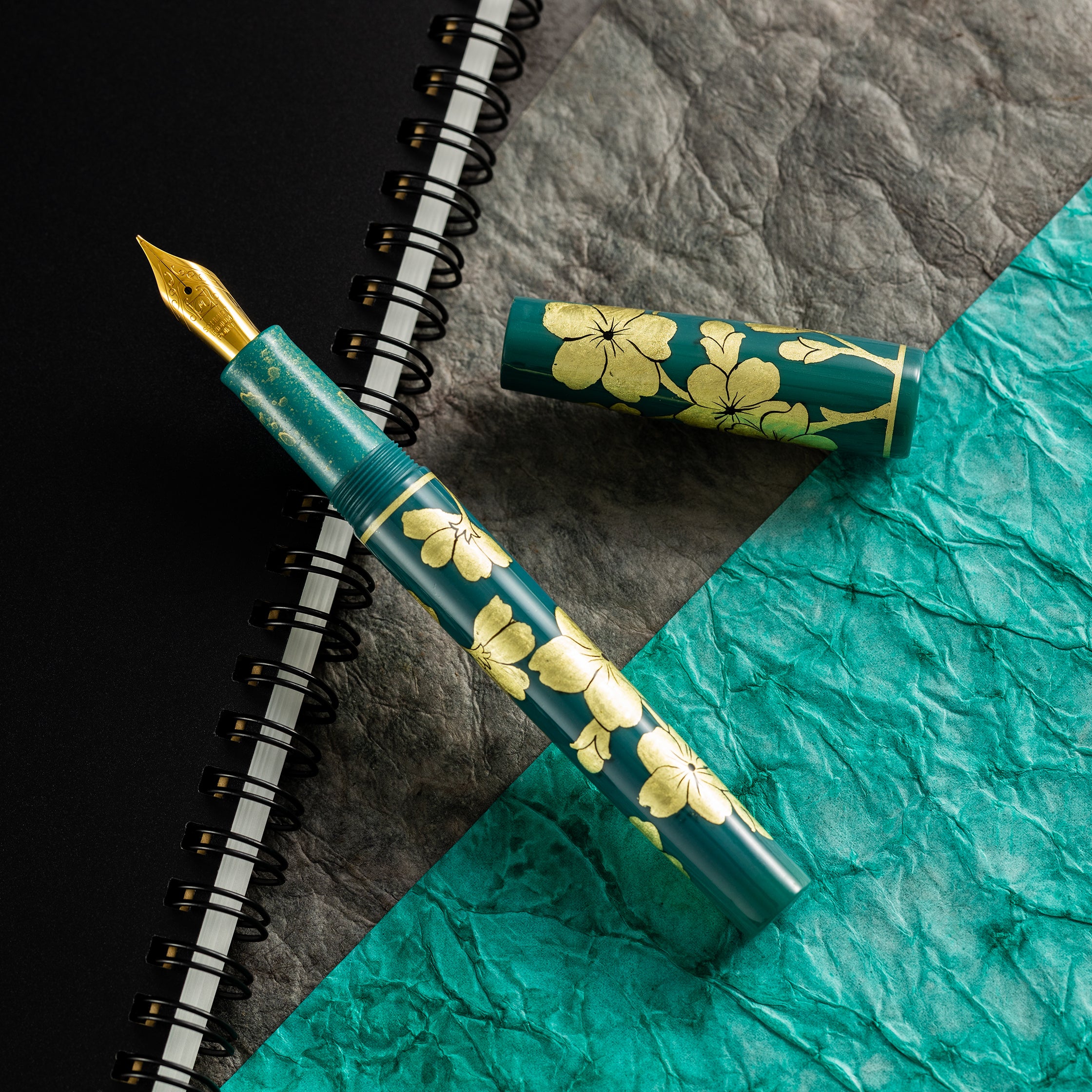 Zek Handpainted Tezhip Art Green with Gold Flower Fountain Pen-Pen Boutique Ltd