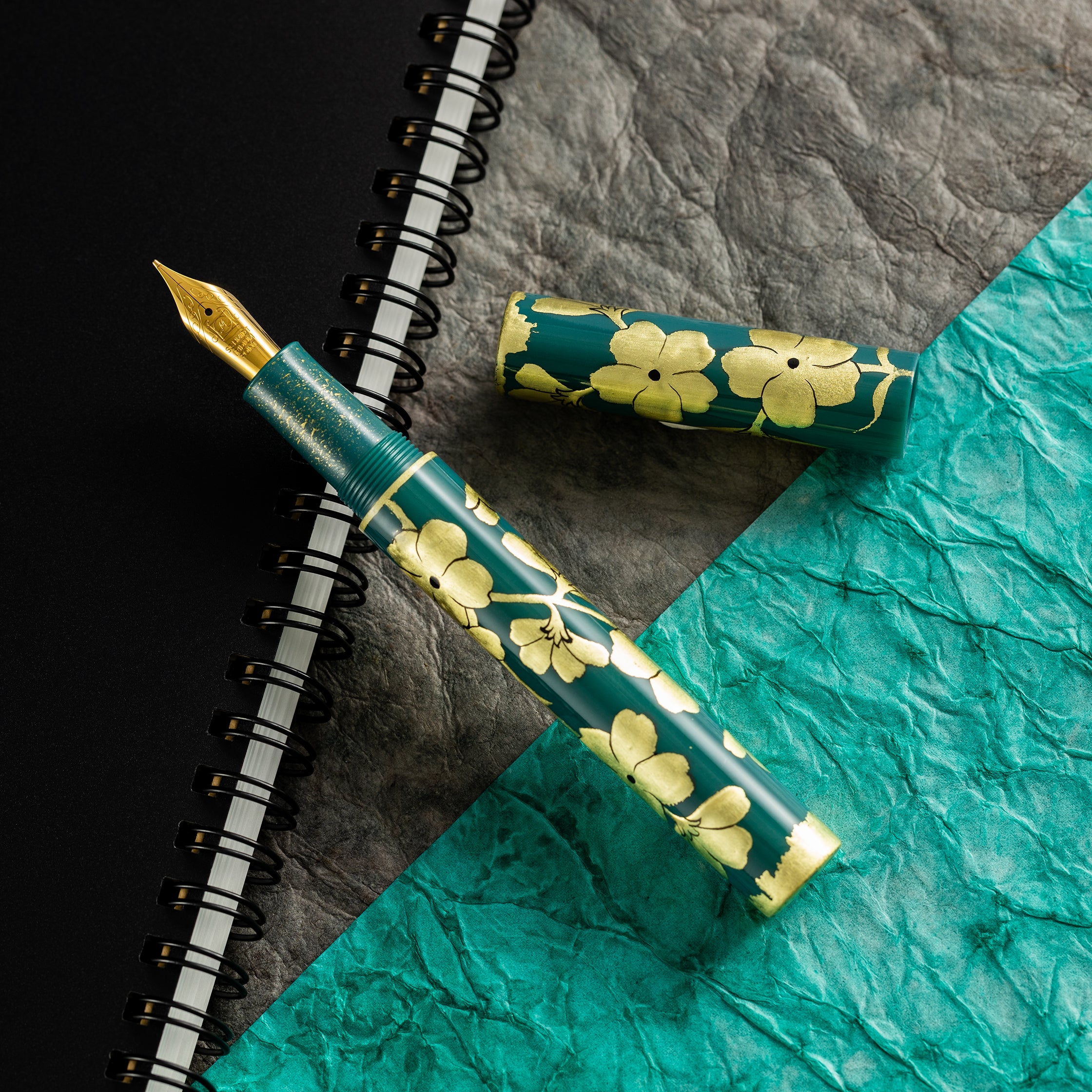 Zek Handpainted Tezhip Art Green with Gold Flower Fountain Pen-Pen Boutique Ltd