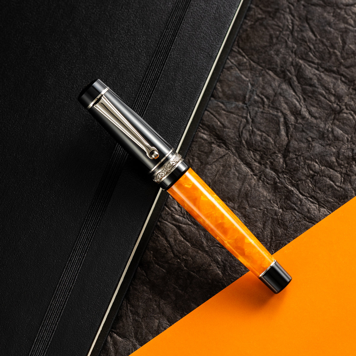 Delta DV Original Mini Fountain Pen – Black & Orange with Sterling Silver Trim – Pennino Acciaio - Pen Boutique Ltd