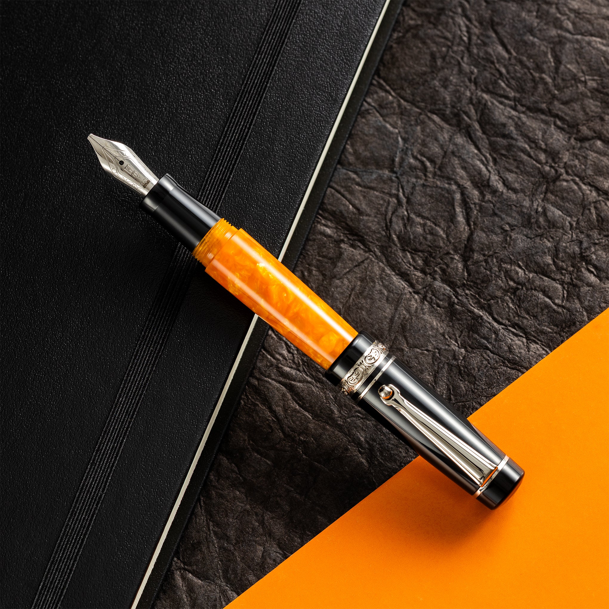 Delta DV Original Mini Fountain Pen – Black & Orange with Sterling Silver Trim – Pennino Acciaio - Pen Boutique Ltd