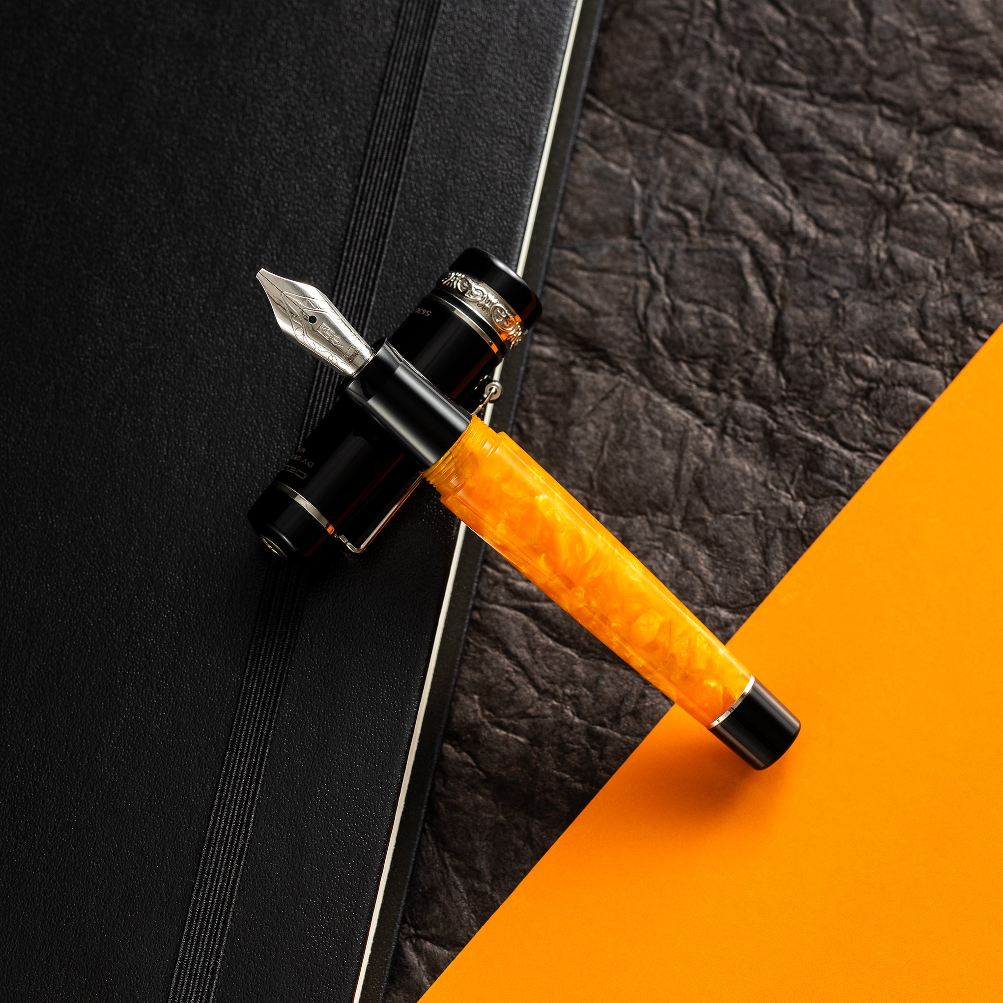 Delta DV Original Mini Fountain Pen – Black & Orange with Sterling Silver Trim – Pennino Acciaio - Pen Boutique Ltd