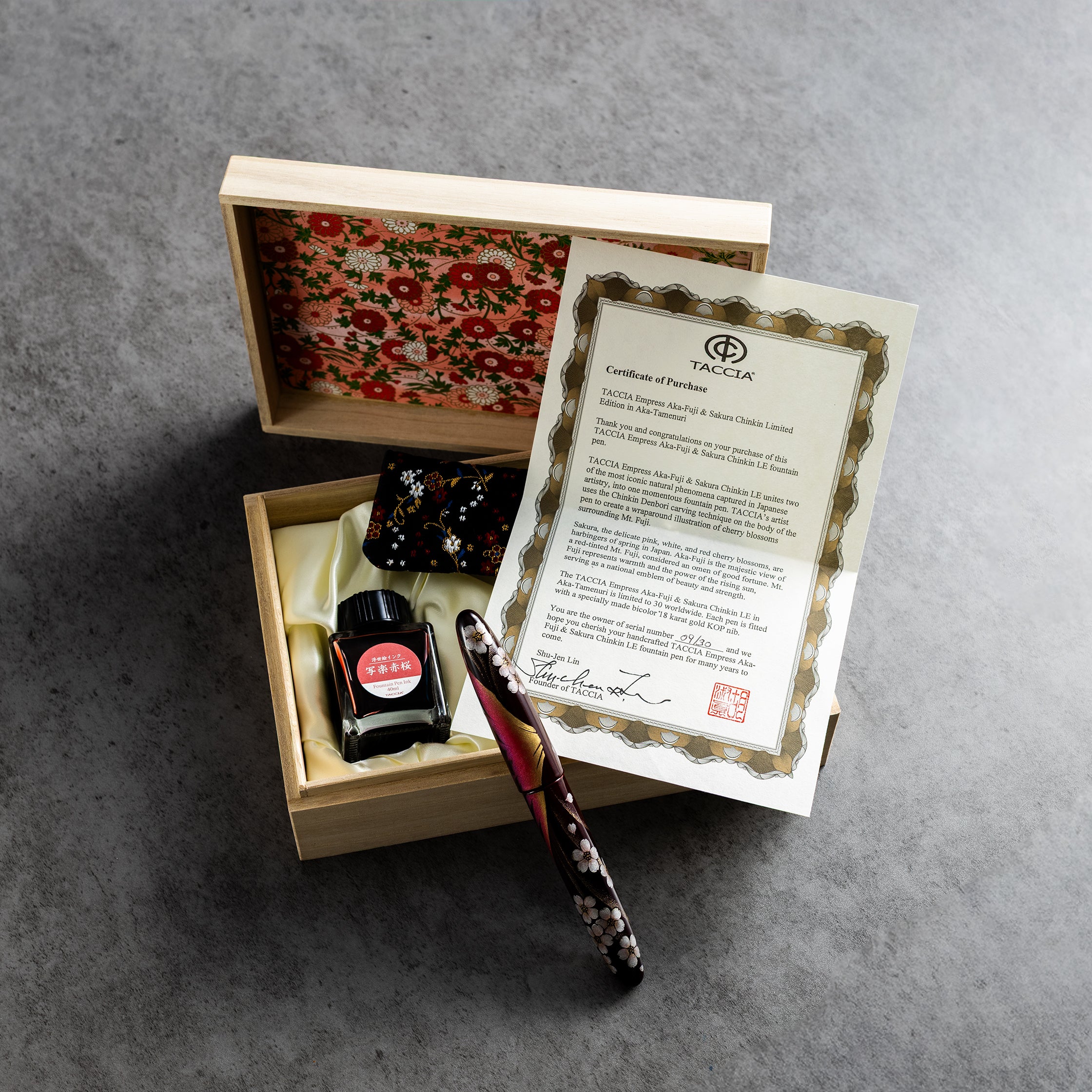 Taccia Empress Fountain Pen - Aka Fuji & Sakura on Red Chinkin (Limited Edition) - Pen Boutique Ltd