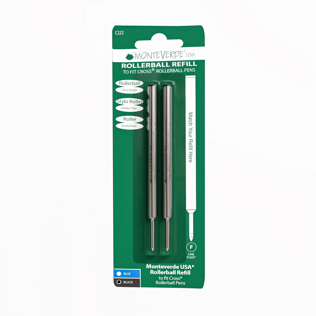 Monteverde Rollerbal Refill (to fit Cross) - Black - Fine point (2/pack) - Blister Card - Pen Boutique Ltd