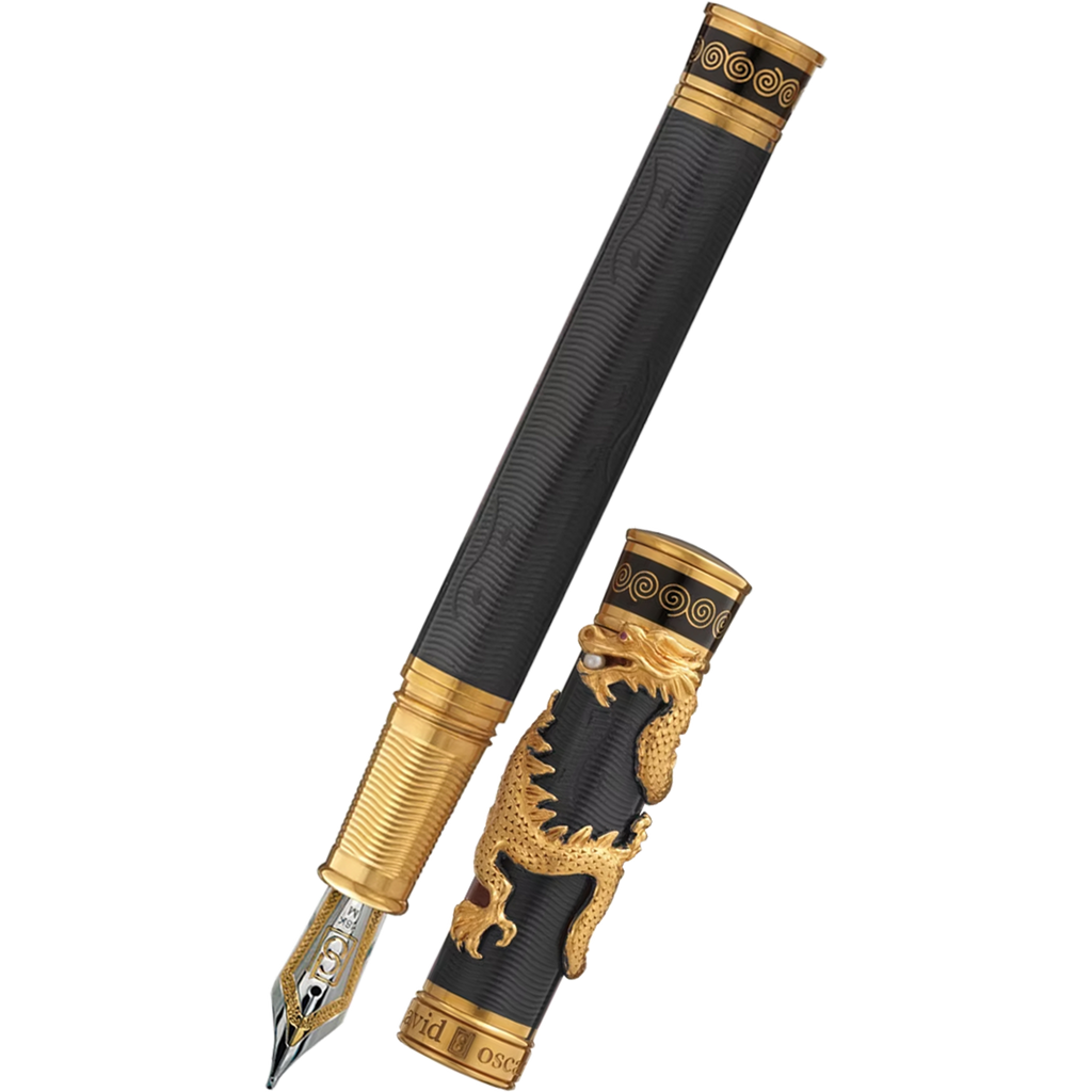 David Oscarson Black Water Dragon Fountain Pen - Opaque Onyx Black Hard Enamel with Gold Vermeil-Pen Boutique Ltd