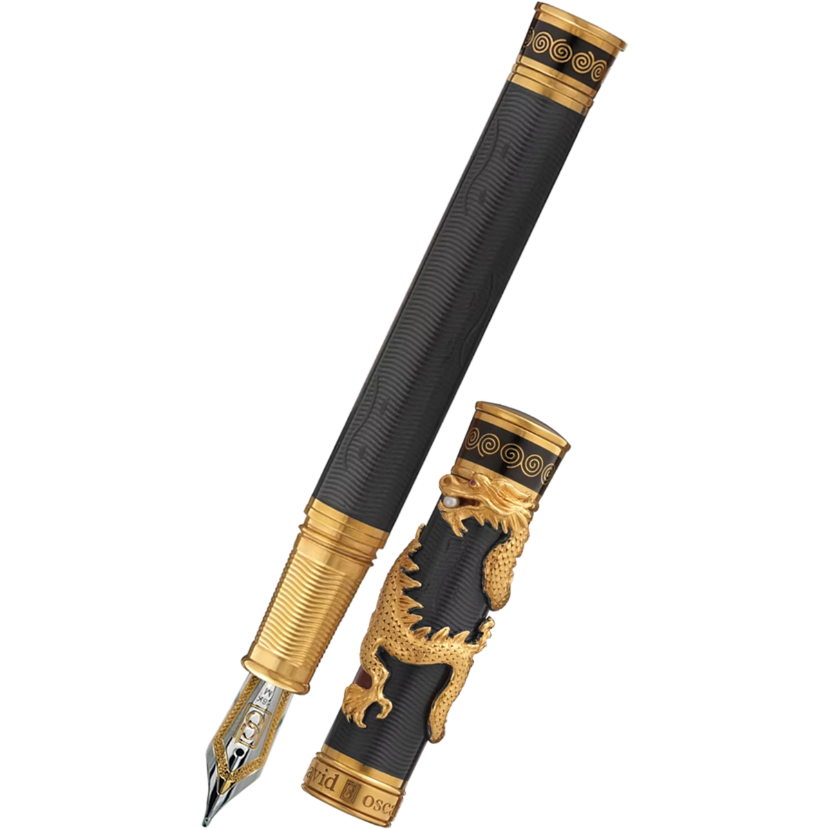 David Oscarson Black Water Dragon Fountain Pen - Opaque Onyx Black Hard Enamel with Gold Vermeil-Pen Boutique Ltd