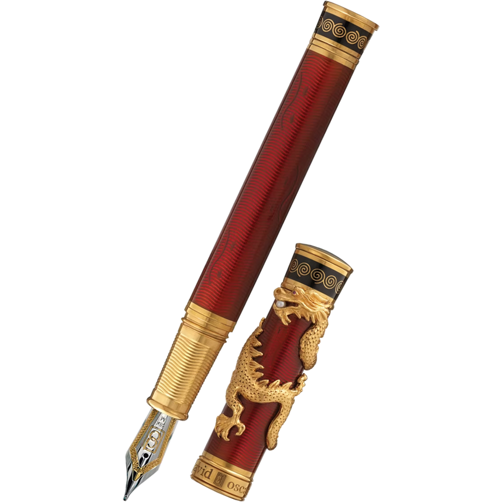 David Oscarson Black Water Dragon Fountain Pen - Translucent Ruby Red and Opaque Onyx Black Hard Enamel with Gold Vermeil-Pen Boutique Ltd