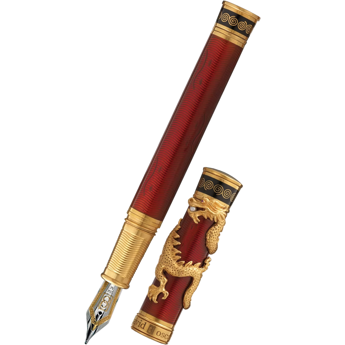 David Oscarson Black Water Dragon Fountain Pen - Translucent Ruby Red and Opaque Onyx Black Hard Enamel with Gold Vermeil-Pen Boutique Ltd