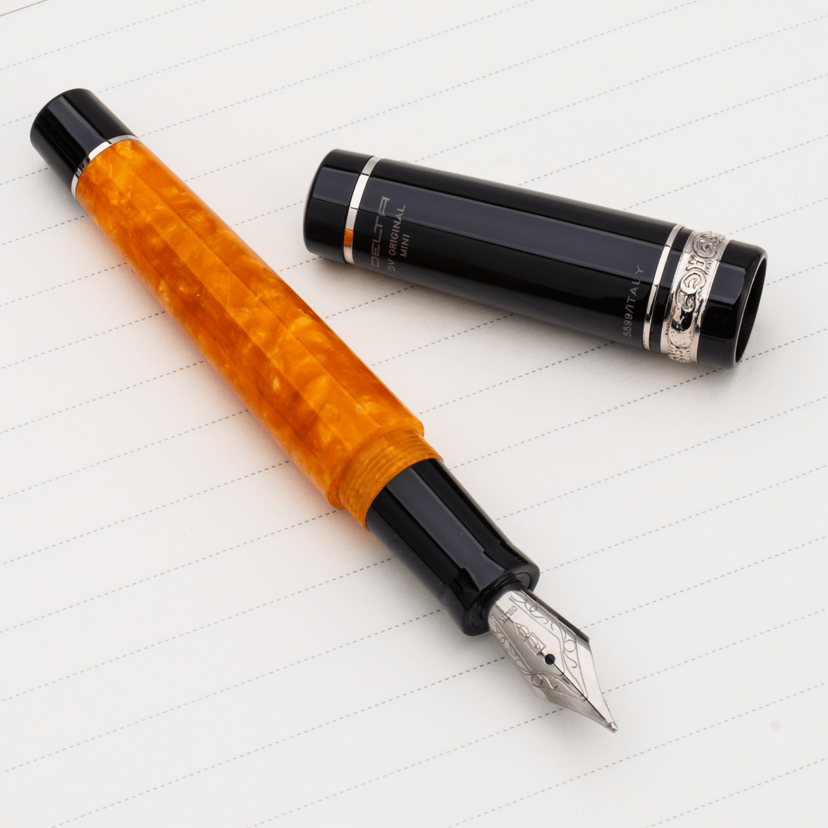 Delta DV Original Mini Fountain Pen – Black & Orange with Sterling Silver Trim – Pennino Acciaio - Pen Boutique Ltd
