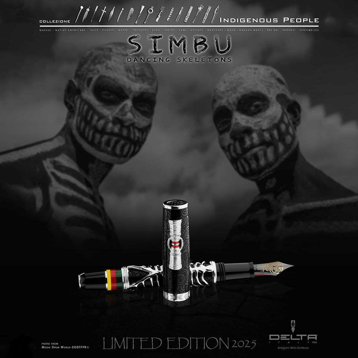 Delta Indigenous People Fountain Pen - Simbu Dancing Skeletons - Black - Silver Cage (Limited Edition) - Pen Boutique Ltd