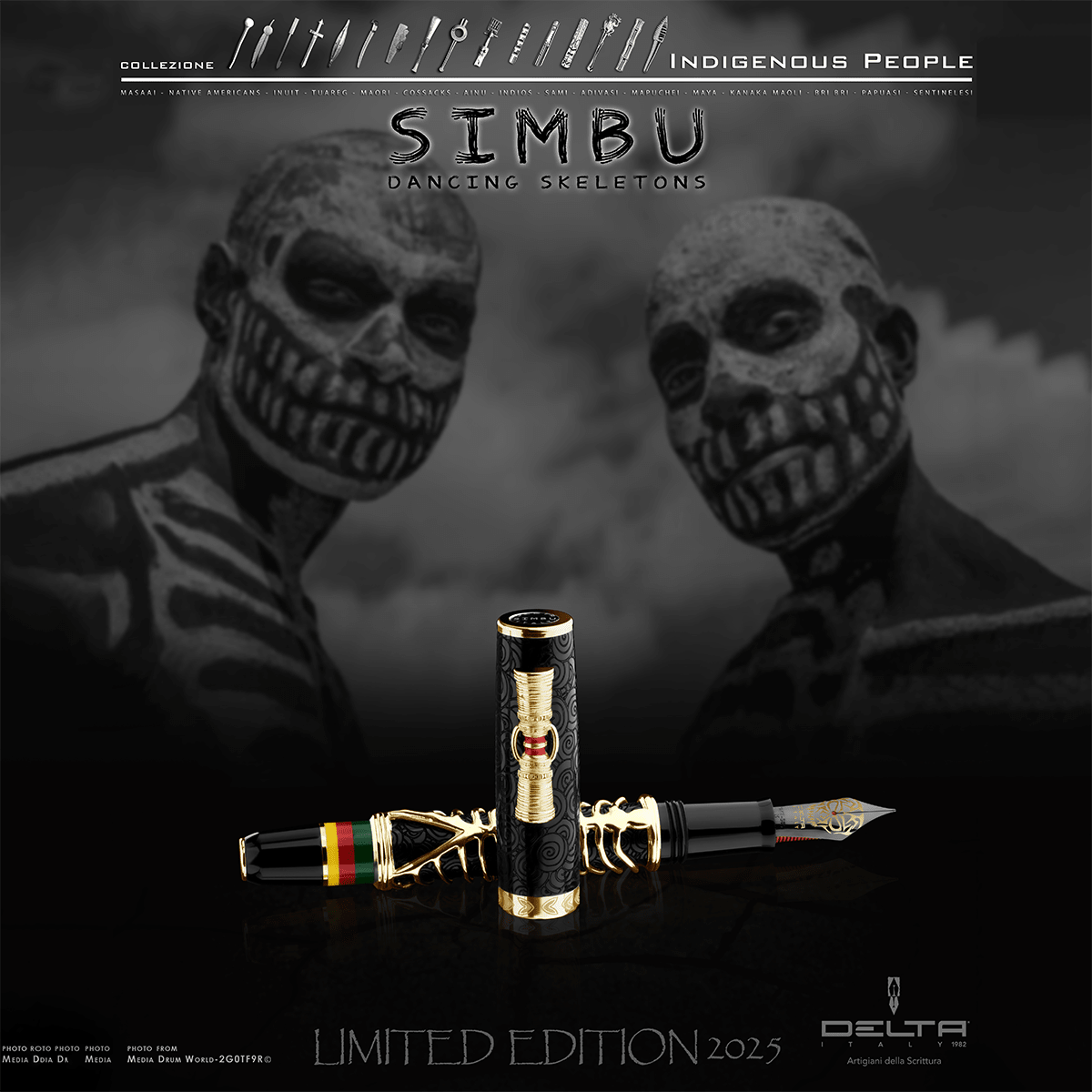 Delta Indigenous People Fountain Pen - Simbu Dancing Skeletons - Black Resin - Gold - Plated Sterling Silver Cage (Limited Edition) - Pen Boutique Ltd