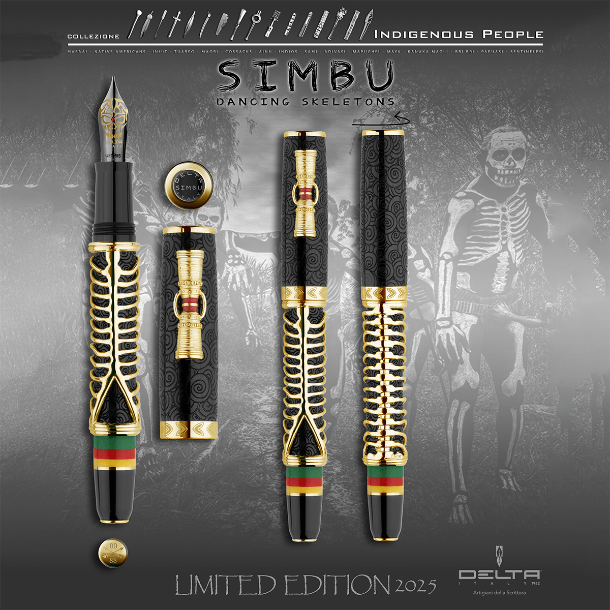 Delta Indigenous People Fountain Pen - Simbu Dancing Skeletons - Black Resin - Gold - Plated Sterling Silver Cage (Limited Edition) - Pen Boutique Ltd