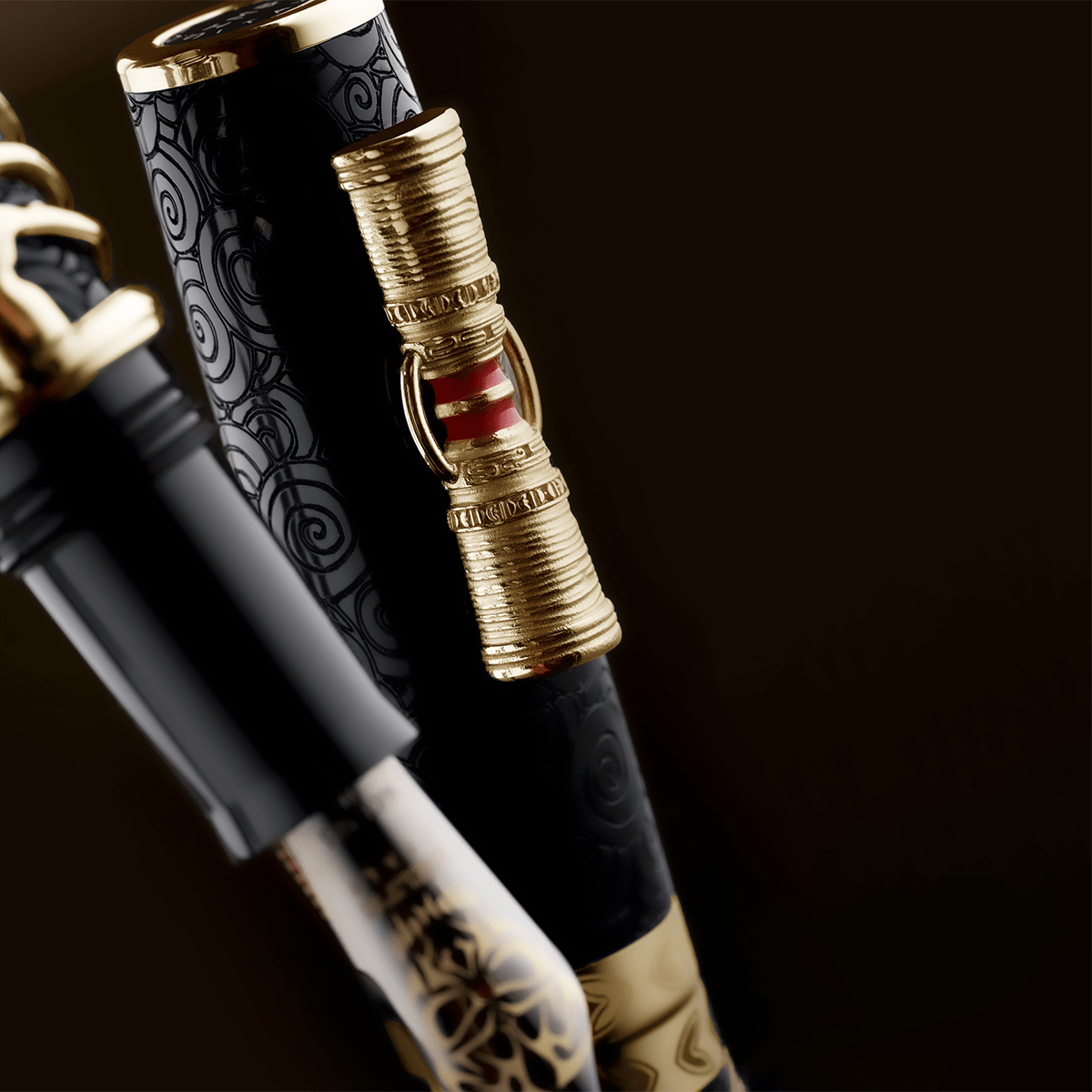 Delta Indigenous People Fountain Pen - Simbu Dancing Skeletons - Black Resin - Gold - Plated Sterling Silver Cage (Limited Edition) - Pen Boutique Ltd