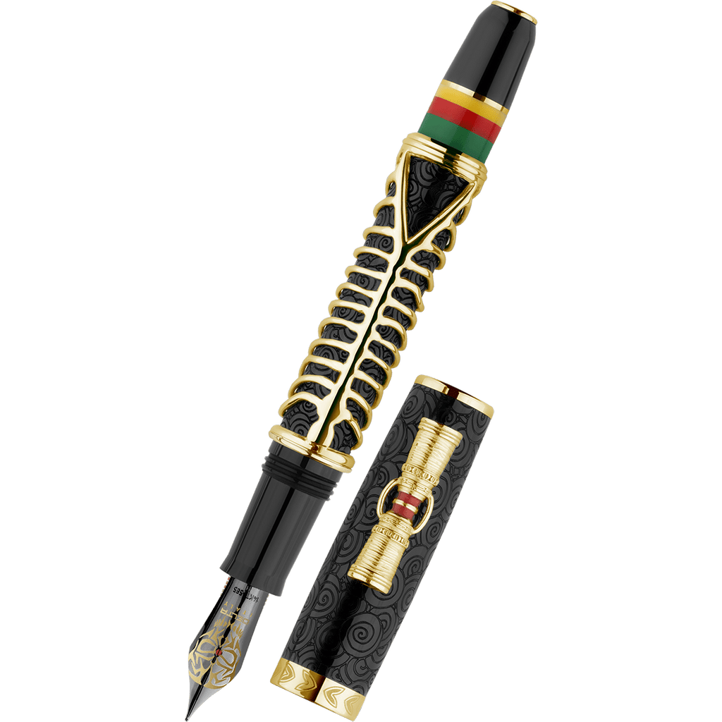 Delta Indigenous People Fountain Pen - Simbu Dancing Skeletons - Black Resin - Gold - Plated Sterling Silver Cage (Limited Edition) - Pen Boutique Ltd