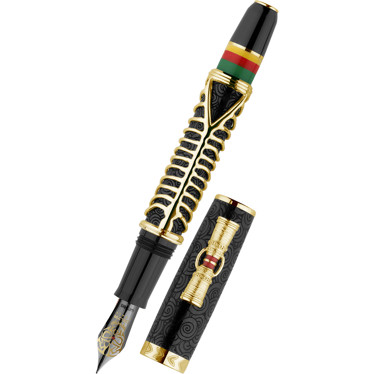 Delta Indigenous People Fountain Pen - Simbu Dancing Skeletons - Black Resin - Gold - Plated Sterling Silver Cage (Limited Edition) - Pen Boutique Ltd