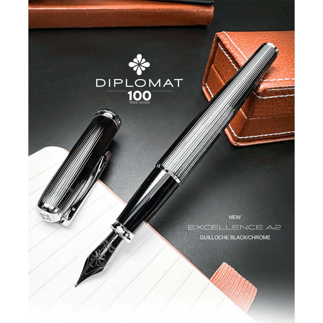 Diplomat Excellence A2 Guilloche Fountain Pen - Black/Chrome - Pen Boutique Ltd