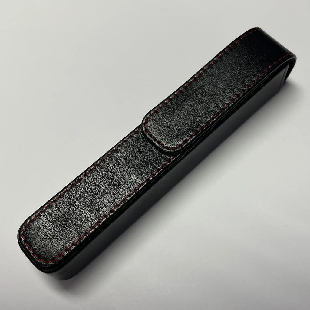 Pen Boutique Yak Leather Single Pen Box - Black with Red Stitching - Magnetic Closure - Pen Boutique Ltd