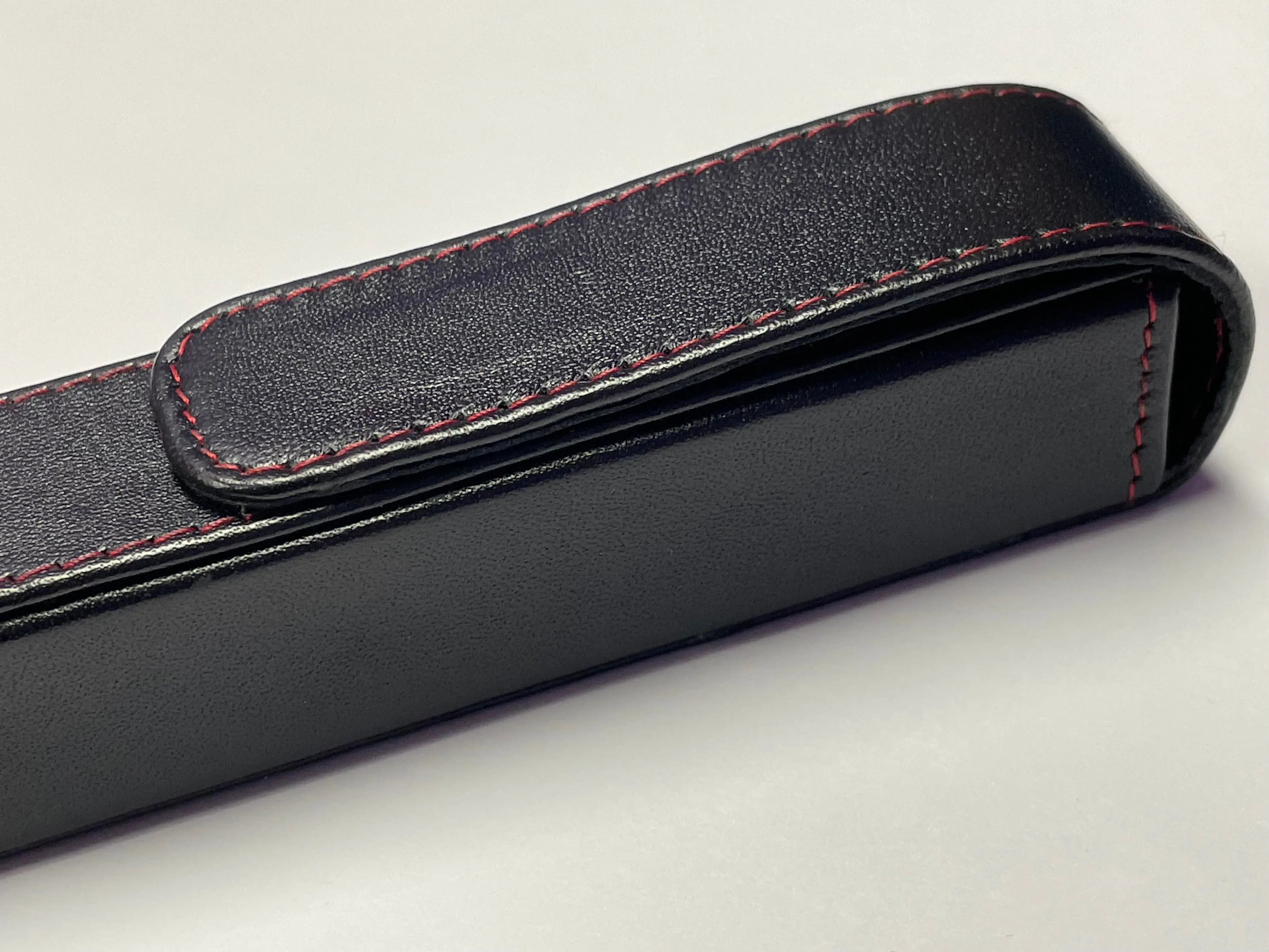 Pen Boutique Yak Leather Single Pen Box - Black with Red Stitching - Magnetic Closure - Pen Boutique Ltd