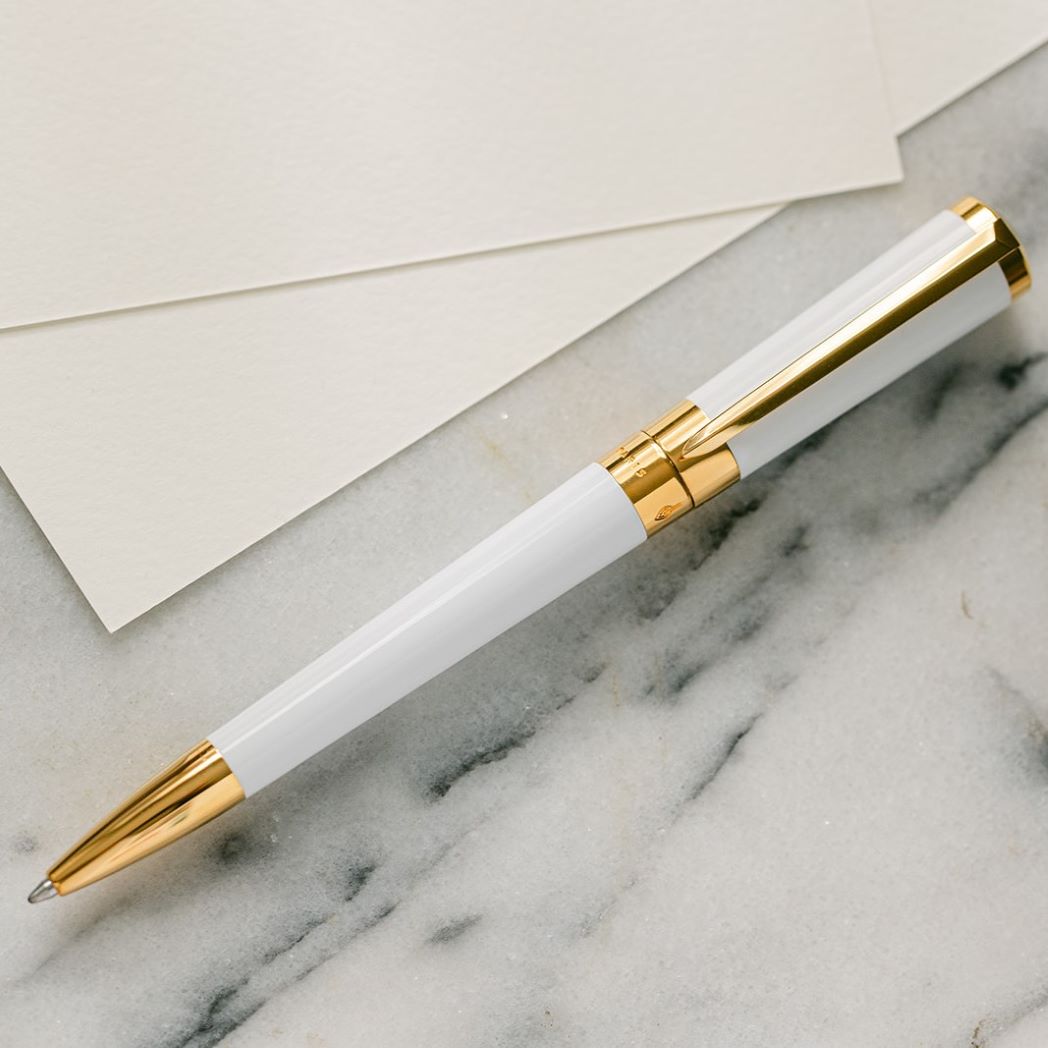 S T Dupont Liberte Ballpoint Pen - White - Gold Trim - Pen Boutique Ltd