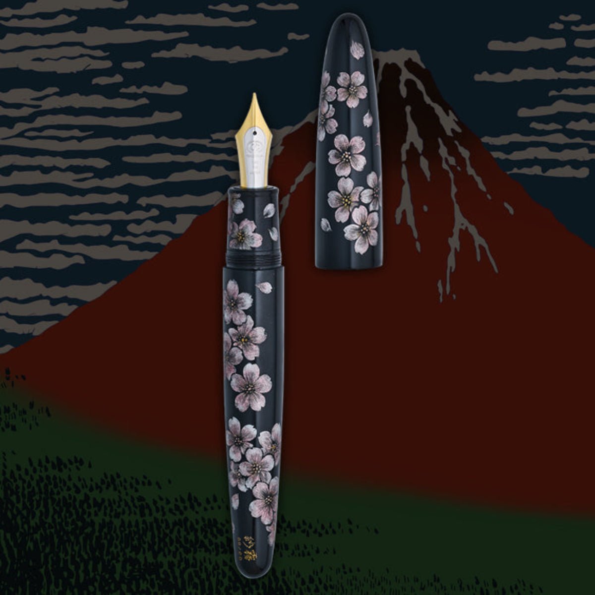 Taccia Empress Fountain Pen - Aka Fuji & Sakura on Black Chinkin (Limited Edition) - Pen Boutique Ltd