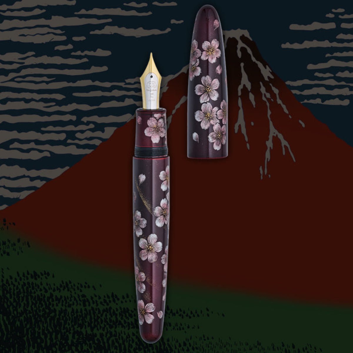 Taccia Empress Fountain Pen - Aka Fuji & Sakura on Red Chinkin (Limited Edition) - Pen Boutique Ltd
