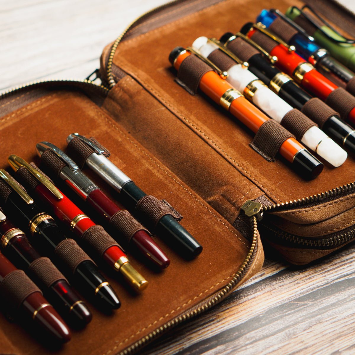 Yak Leather 26 Double Sided Zipped Pen Holder - Tan - Pen Boutique Ltd