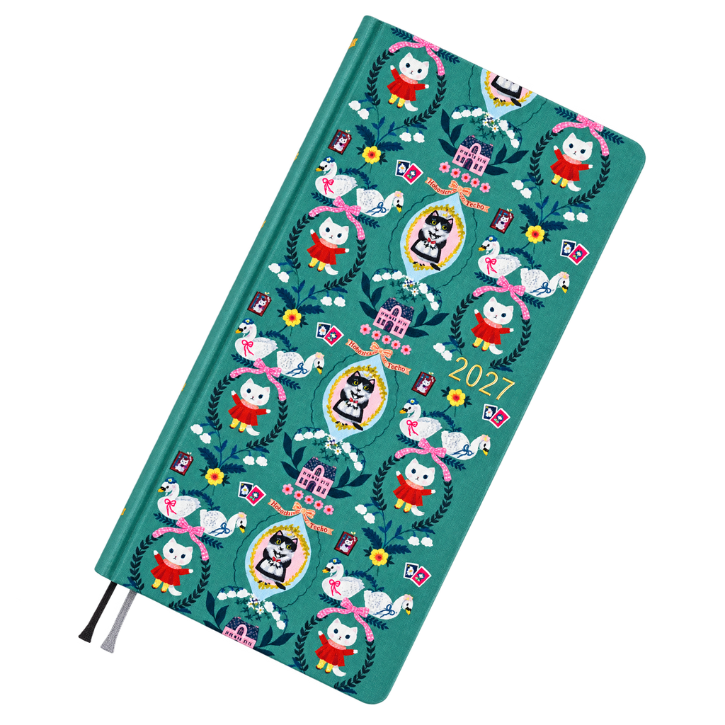 Hobonichi 2027 Light Hardcover Book - Yumi Kitagishi: White Cat Wallpaper - Tall & Slim (Weeks - Janaury Start)-Pen Boutique Ltd