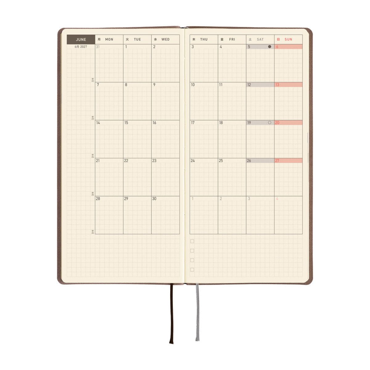 Hobonichi 2027 Light Hardcover English Book - Smooth: Cafe au Lait - Tall & Slim (Weeks - January Start) - Pen Boutique Ltd
